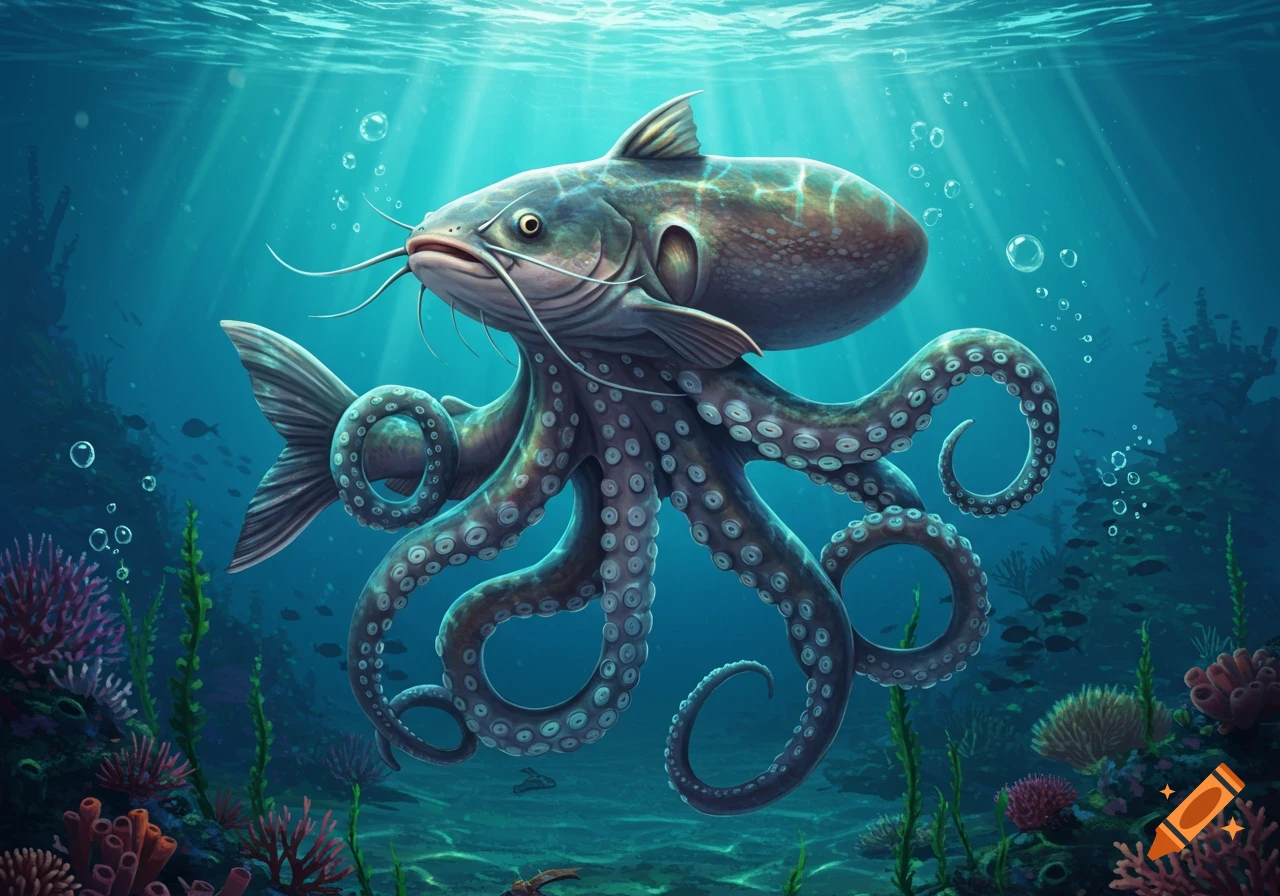 A detailed digital illustration of a catfish-octopus hybrid swimming in a deep blue ocean with coral and sunlight.