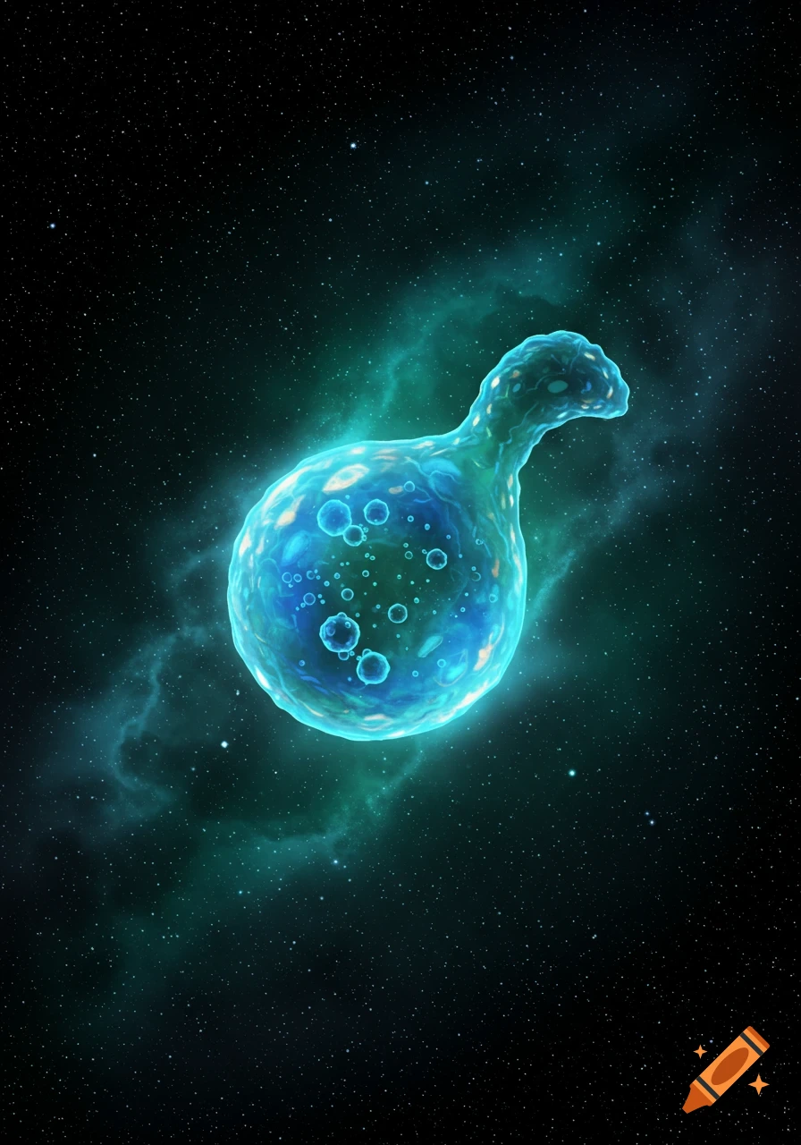 A glowing blue cell-like organism floats in deep space with distant stars and a teal nebula.