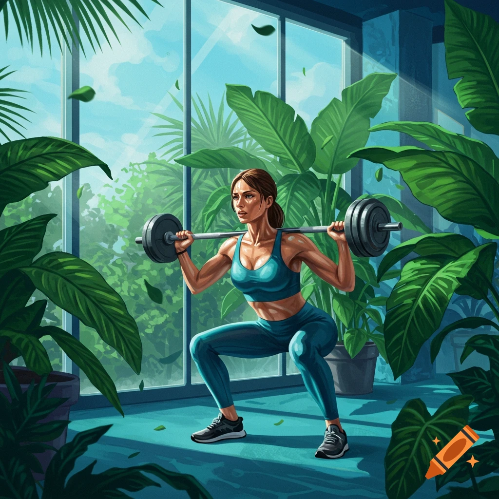 Digital illustration of a woman in athletic wear doing squats with a barbell in a plant-filled room with large windows.