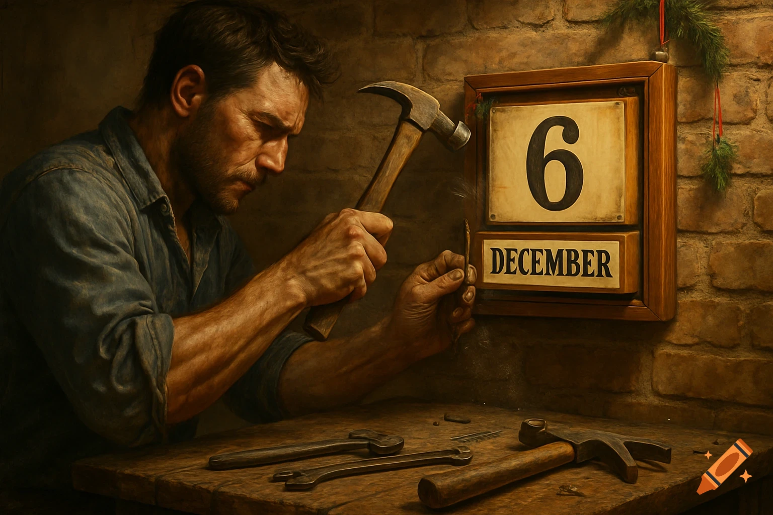 A man hammers a nail into a brick wall next to a '6 December' calendar, tools on a table. Photorealistic.