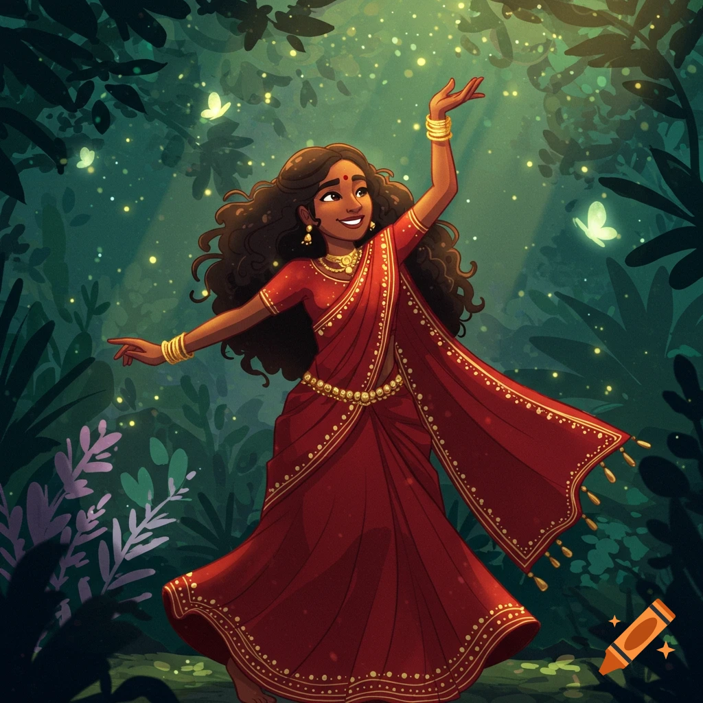 Cartoon illustration of a joyful woman with dark curly hair in a red sari dancing in a magical, luminous forest with butterflies.