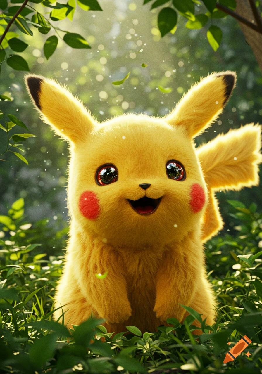Photorealistic, fluffy Pikachu with big shiny eyes smiling and peeking out from lush green foliage in a bright forest.
