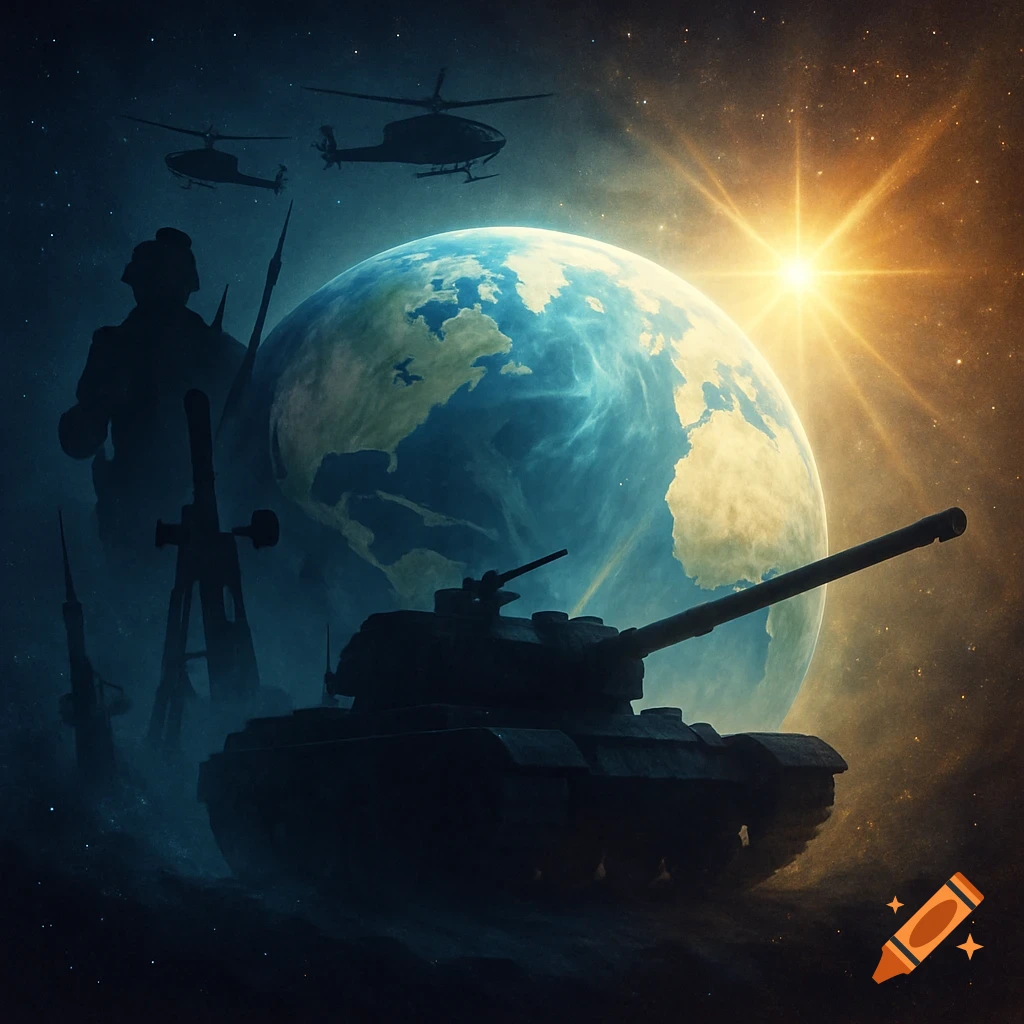 A silhouette of a tank in the foreground with Earth, helicopters, and a soldier in space, under a bright sun.