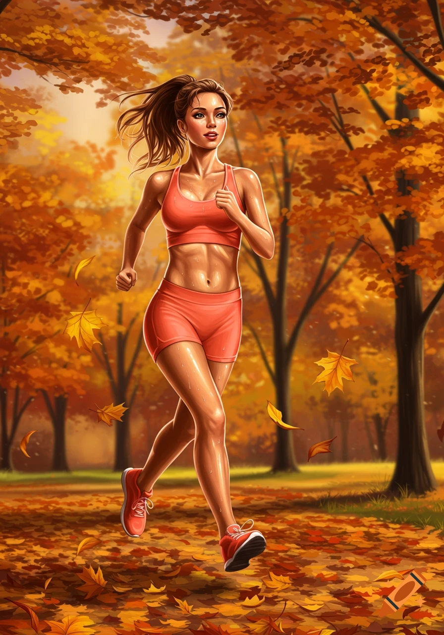 Digital illustration of a fit woman in athletic wear jogging through an autumn park with falling orange leaves.