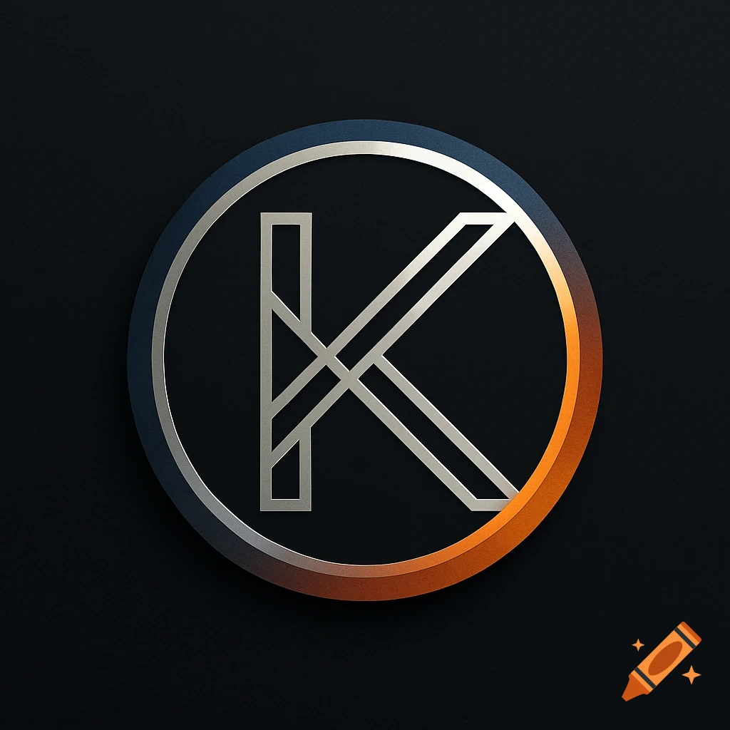 A stylized silver letter K within a circular frame with a blue and orange gradient on a dark background. Logo design.