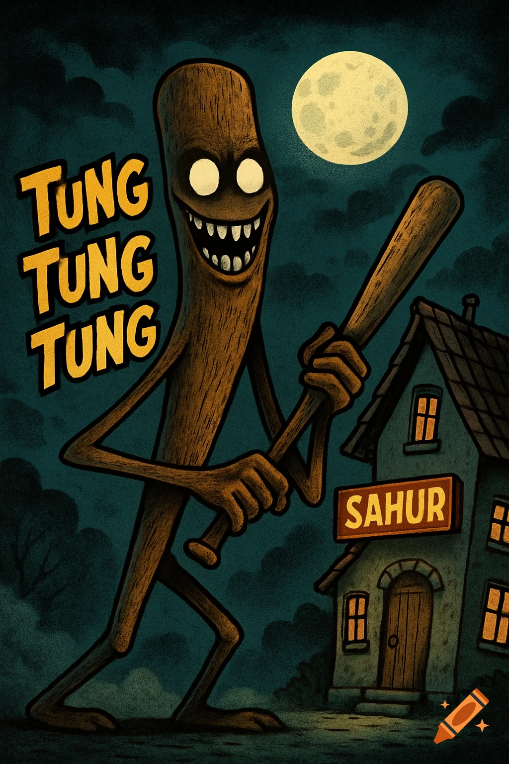 Cartoonish, creepy baseball bat monster holding a bat, in front of a house with a 'SAHUR' sign under a full moon. Text 'TUNG TUNG TUNG'.