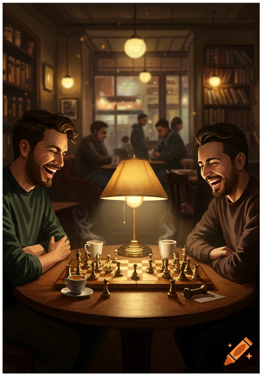 Two smiling men playing chess at a table in a dimly lit cafe with coffee cups and a lamp.