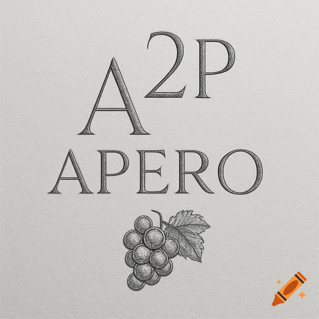 Monochrome engraving of 'A2P APERO' text with a bunch of grapes below on textured paper.