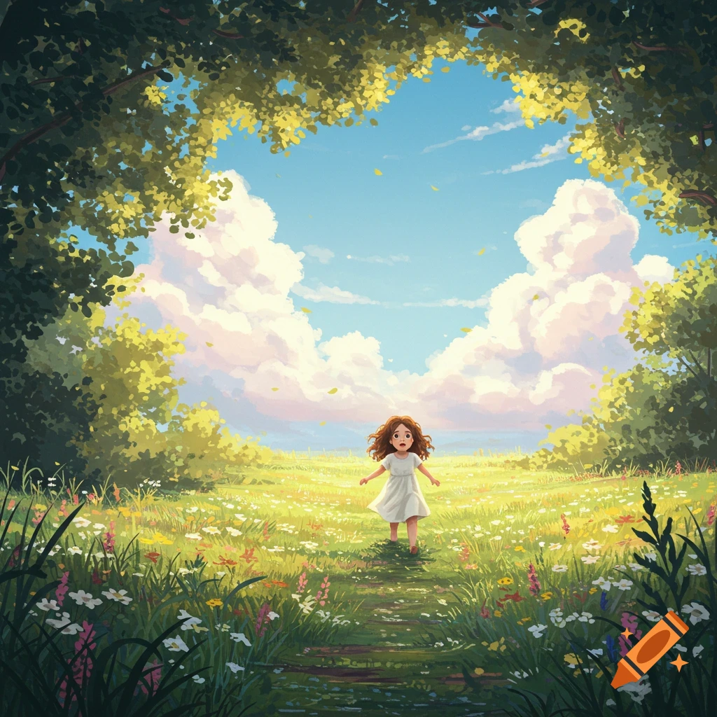 A little girl with brown hair runs through a vibrant green field of wildflowers under a bright blue sky, framed by lush trees.