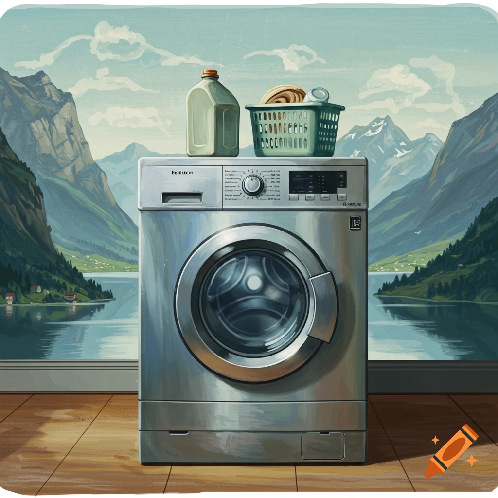 A washing machine and laundry basket on a wooden floor in front of a window overlooking a serene mountain lake landscape, in a painterly style.