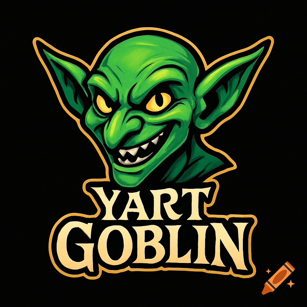A stylized green goblin head logo with yellow eyes, pointy ears, and a menacing smile, above gold and white text reading 'YART GOBLIN' on a black background.