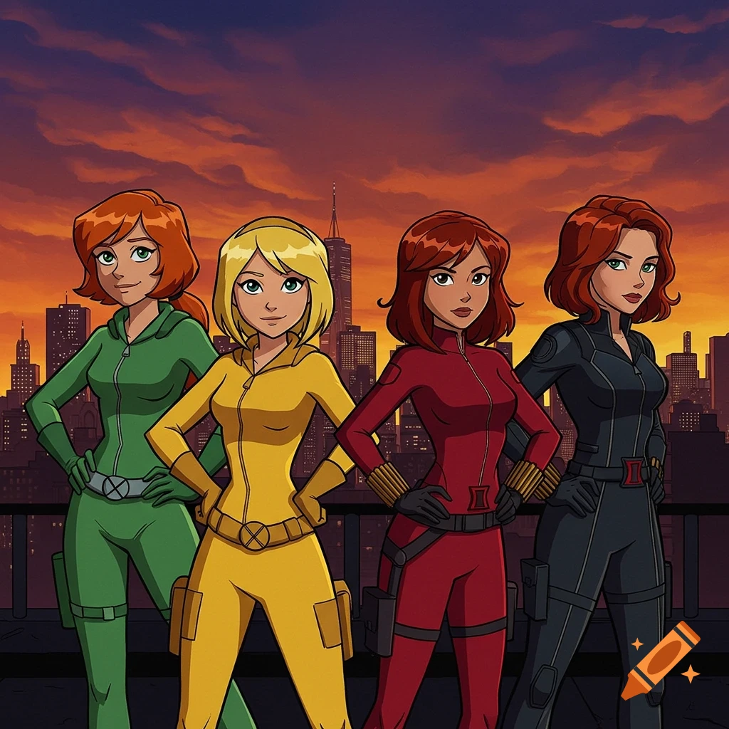 Four anime-style women in green, yellow, red, and black bodysuits stand on a rooftop overlooking a city at sunset.