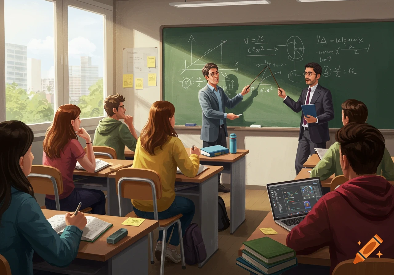 Two teachers explain mathematics on a blackboard to a classroom of students during a lesson in a brightly lit room.