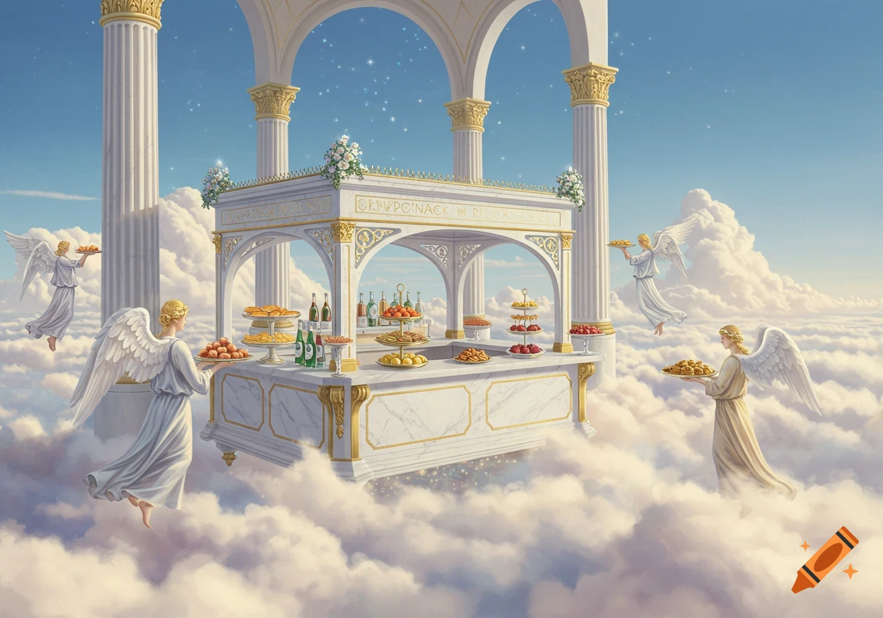 Angels serve food and drinks at a white and gold snack bar floating in the clouds, beneath a starry sky.