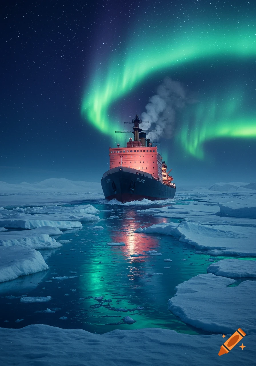 An icebreaker ship with red accents cuts through frozen water under a vibrant green aurora borealis and a starry night sky.