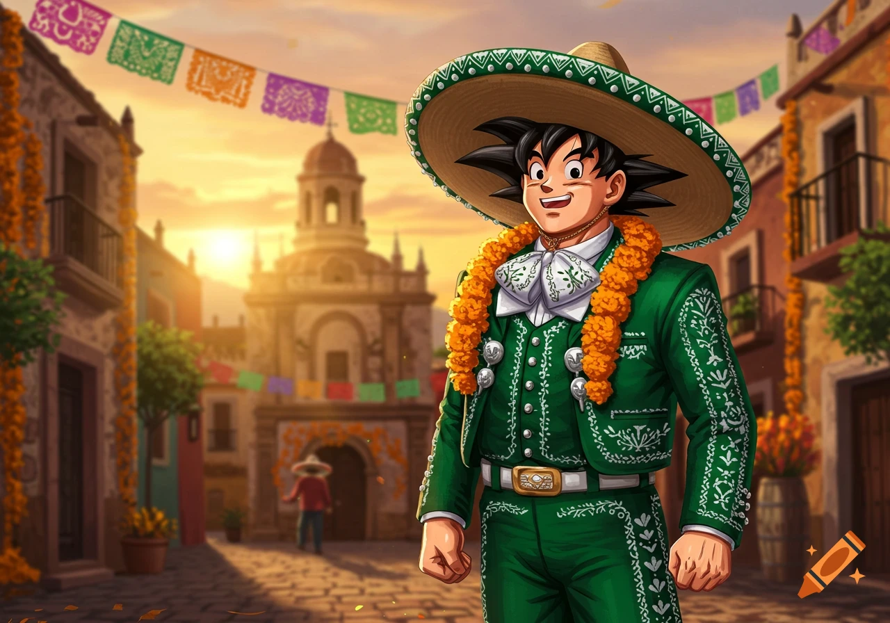 Goku from Dragon Ball in a green charro suit and sombrero with marigold garlands, standing in a festive Mexican town at sunset.