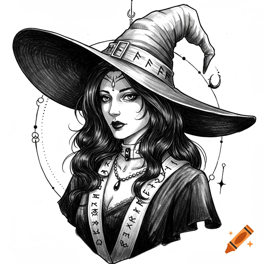 Black and white sketch of a witch wearing a large pointed hat, adorned with decorative rune-like symbols, looking forward.
