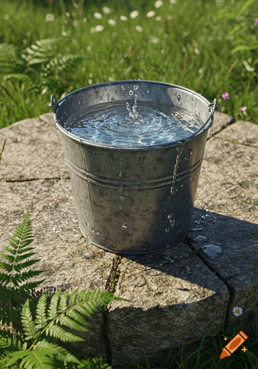 Photorealistic image of a metal bucket filled with splashing water, sitting on stone pavers amidst grass and ferns.