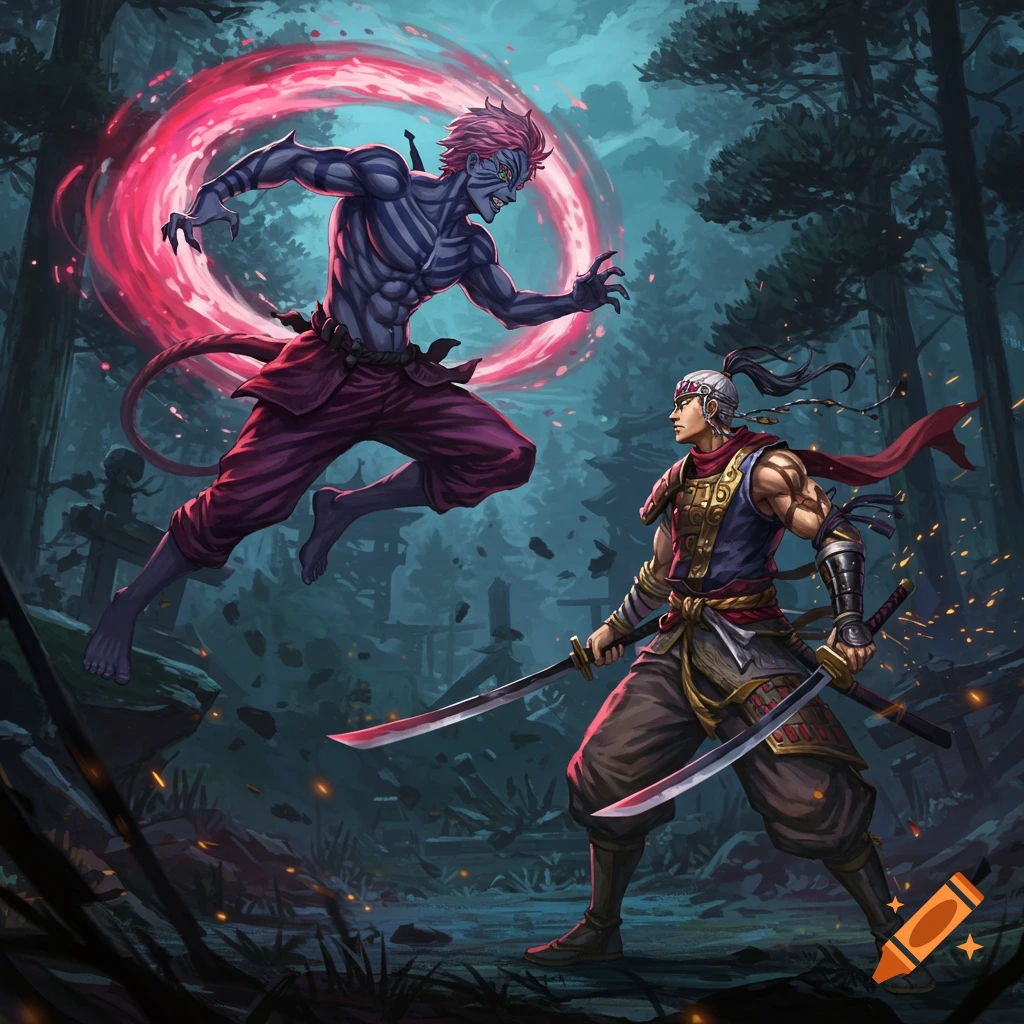 Anime-style demon-like warrior with red aura leaps to attack a dual-wielding samurai in a dark, mystical forest.