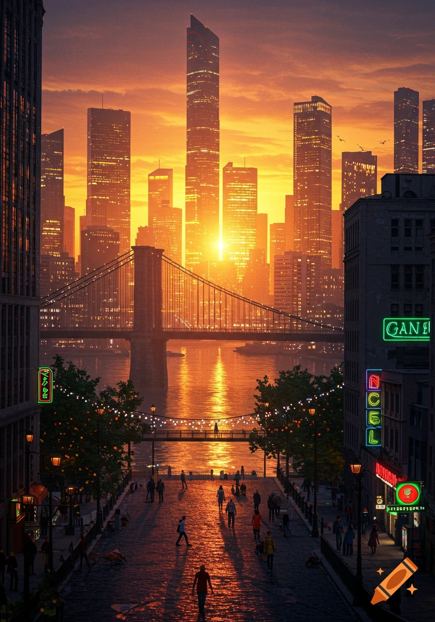 A vibrant cityscape at sunset, with a bridge over a river and illuminated skyscrapers under an orange sky, people walk on a cobbled street.