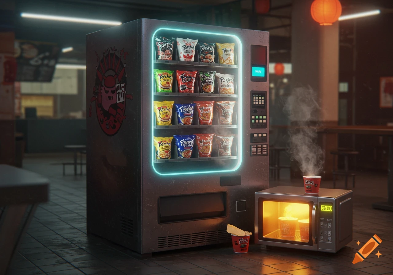 A futuristic vending machine selling various ramen flavors, with a microwave next to it heating ramen in a cup, set in a dim lit interior.