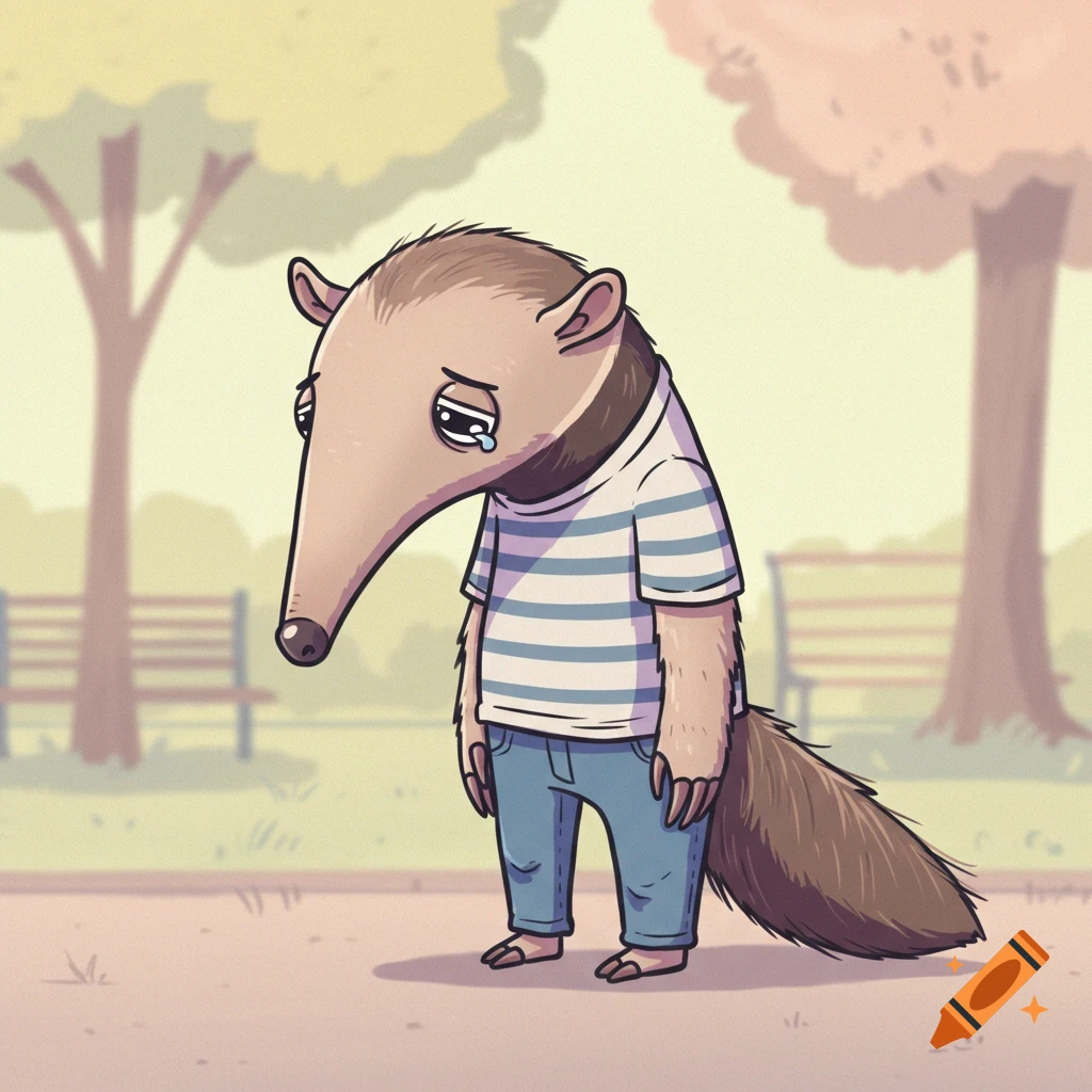 A sad bipedal anteater in a striped shirt and jeans, crying in a park.