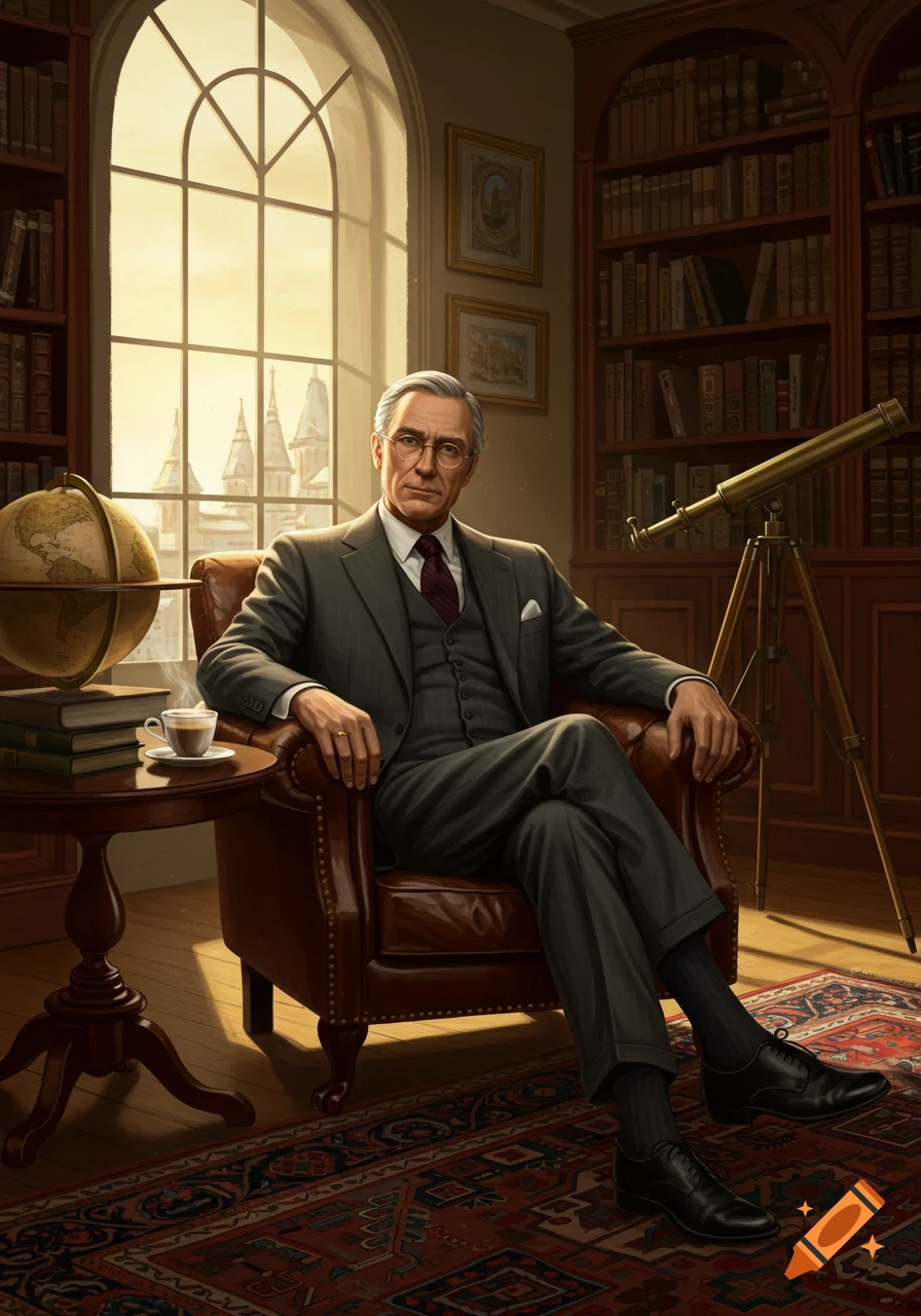 An older man in a grey suit sits in a leather armchair in a sunlit study, surrounded by bookshelves, a globe, and a telescope.