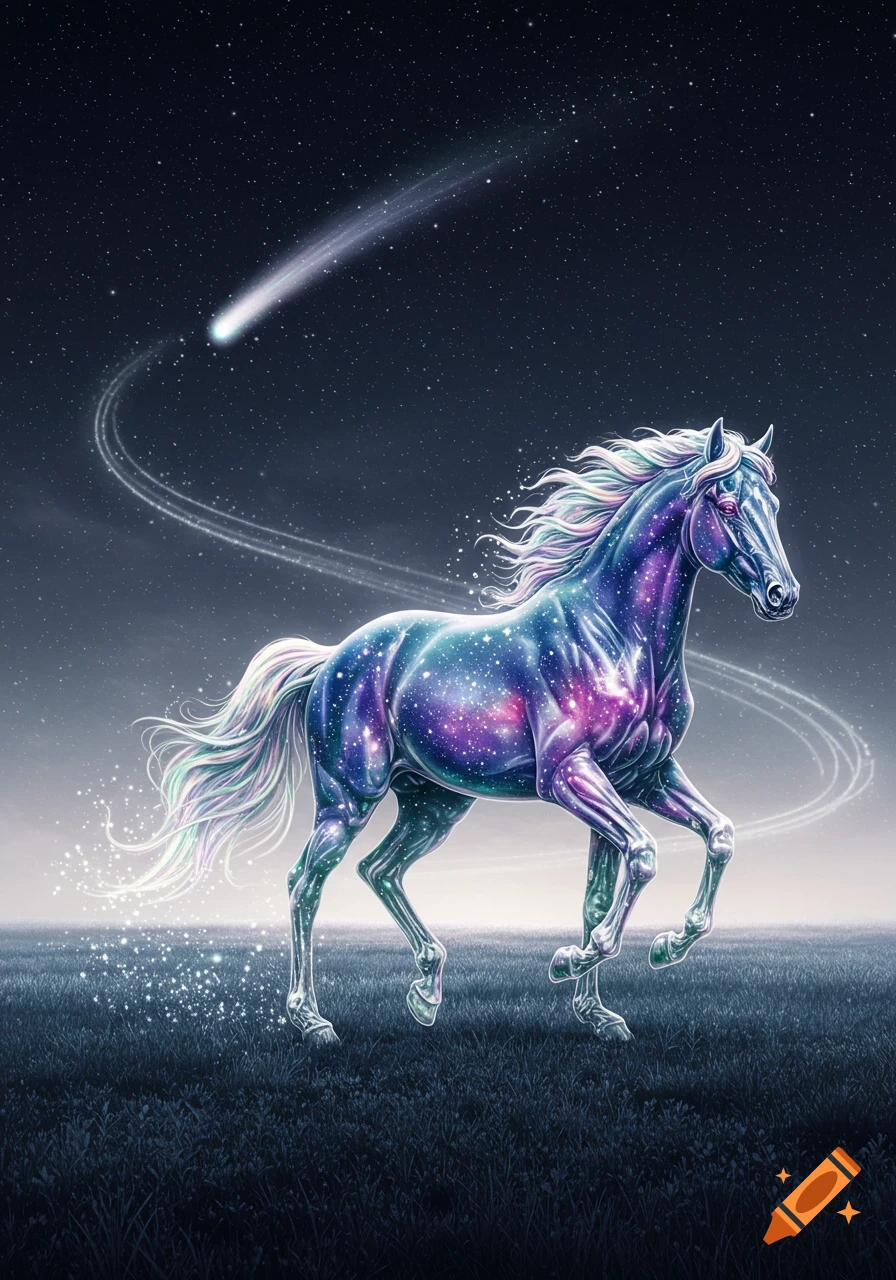A majestic horse with a swirling galaxy body gallops across a field under a starry night sky with a comet.