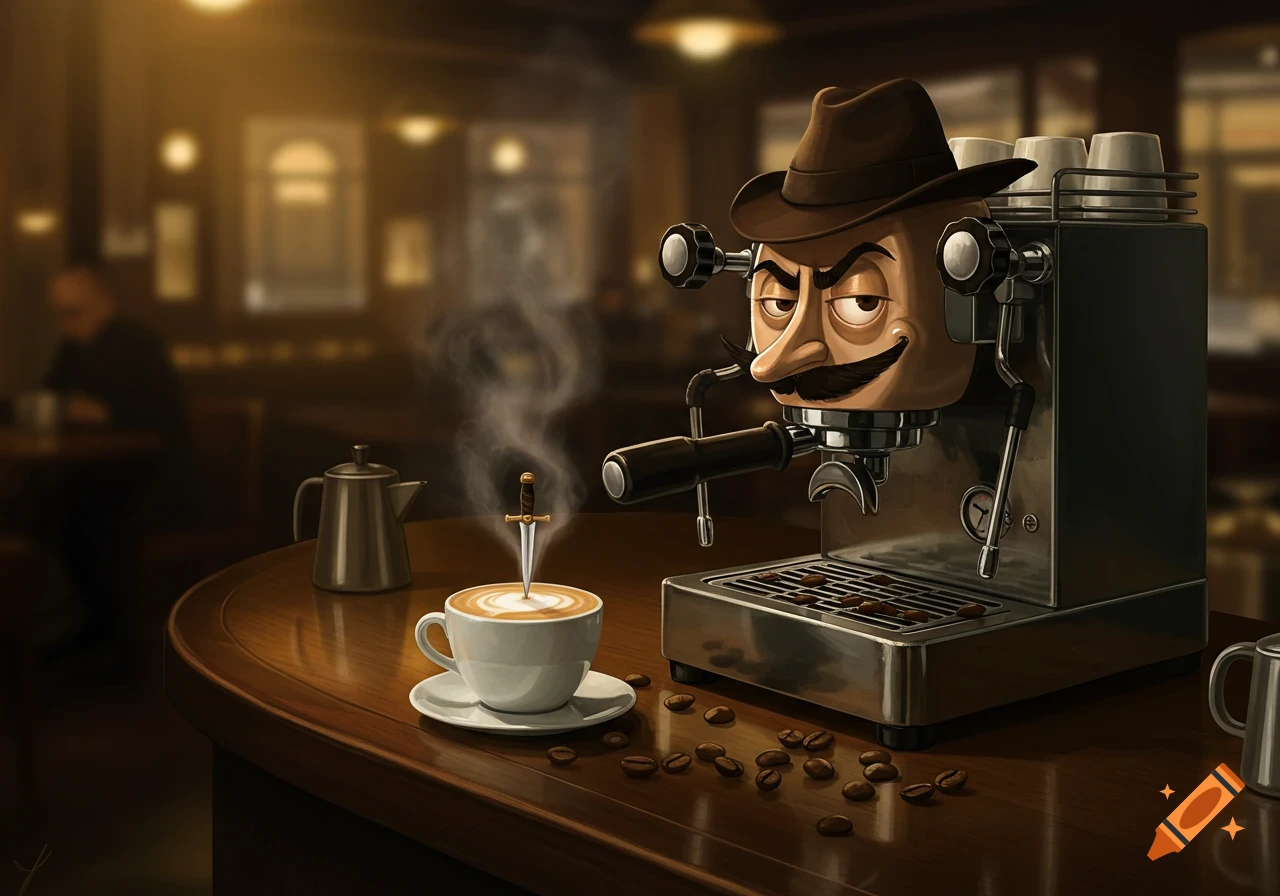 A cartoon espresso machine with a face and fedora hat looks at a steaming cup of coffee with a dagger in it, on a cafe counter.