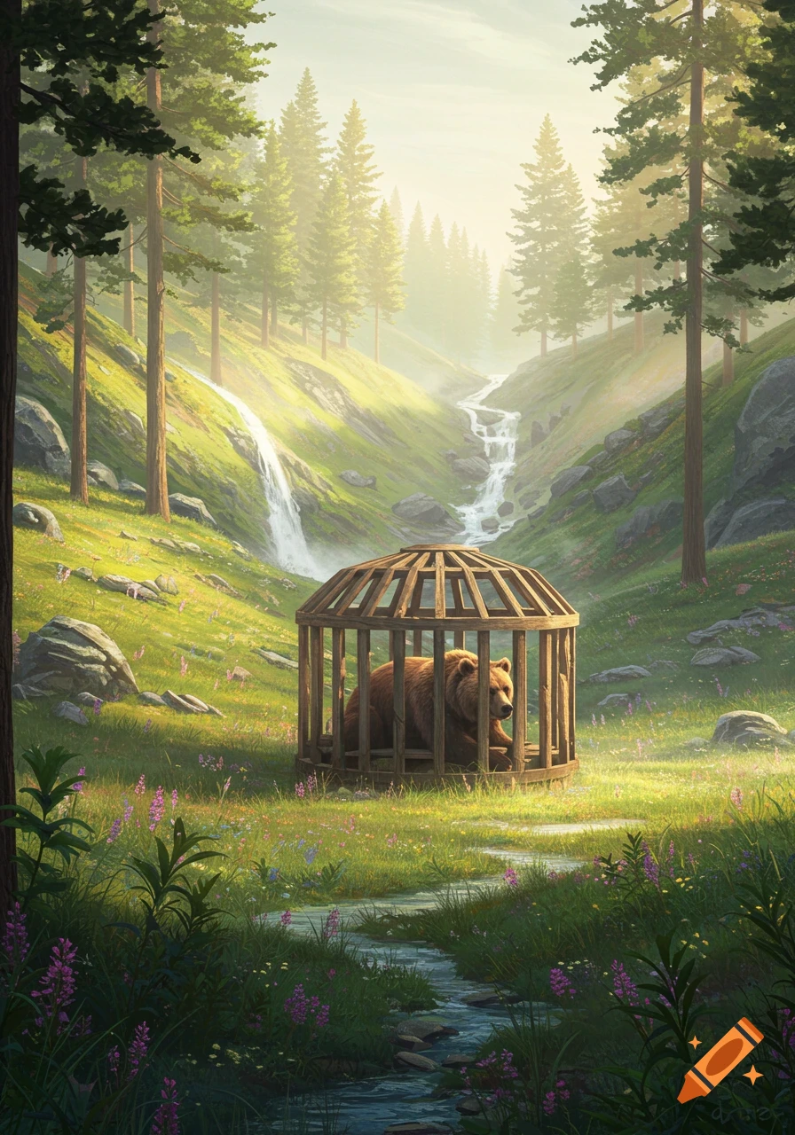 A brown bear sits inside a wooden cage in a sunlit, green valley with waterfalls, pine trees, and a stream.