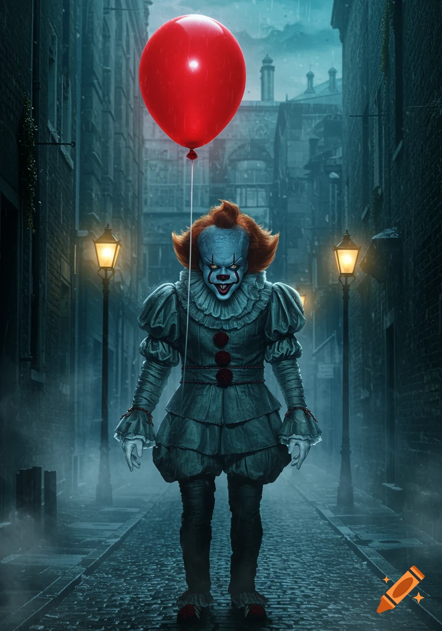 Pennywise the clown in a dark, rainy alley holding a red balloon, flanked by glowing streetlights, in a photorealistic style.