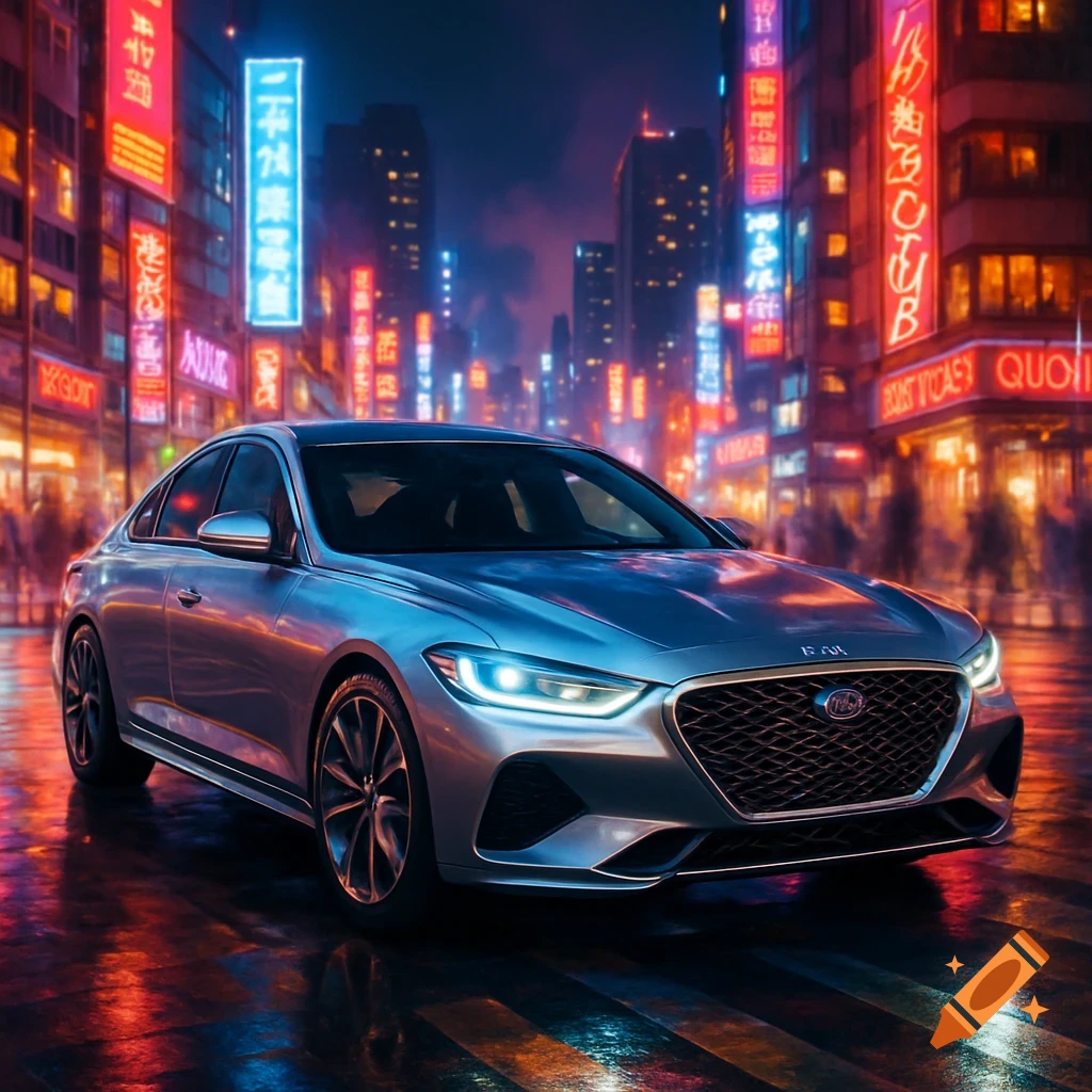 A sleek silver sedan parked on a wet street at night, surrounded by glowing neon signs in a futuristic city.