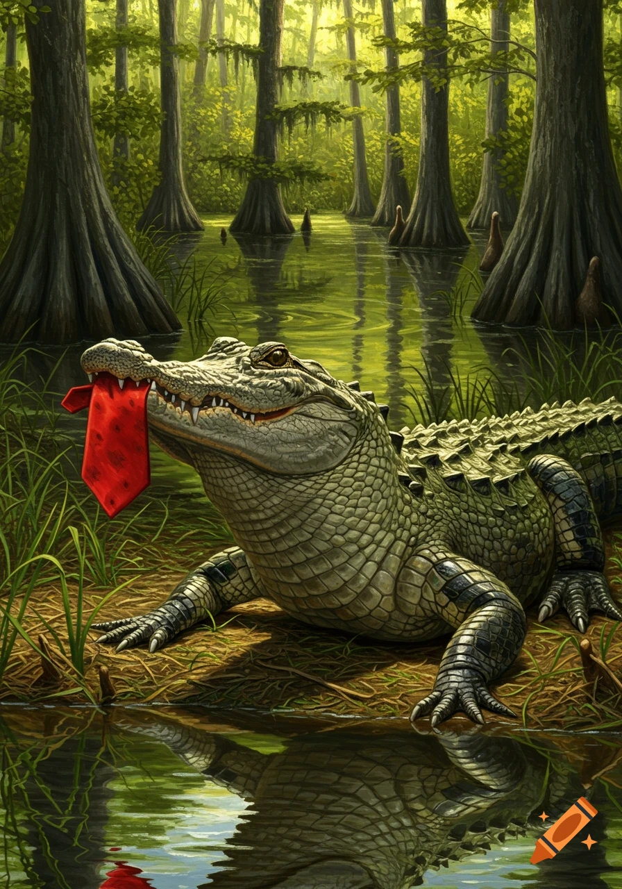 A detailed illustration of a large alligator emerging from a murky swamp, holding a red necktie in its mouth.