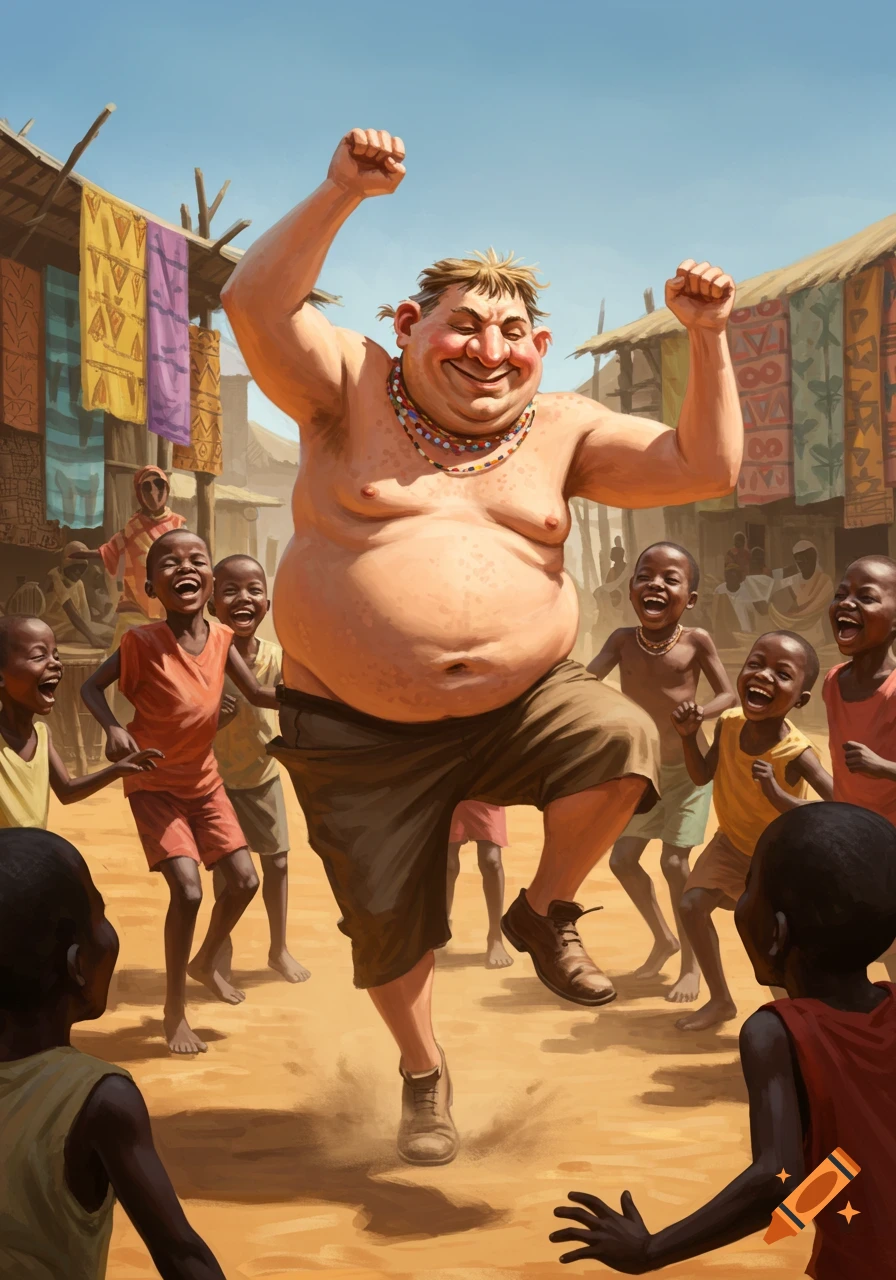 A large, smiling, shirtless man with a beaded necklace dances joyfully with laughing African children in an outdoor market. Digital illustration.