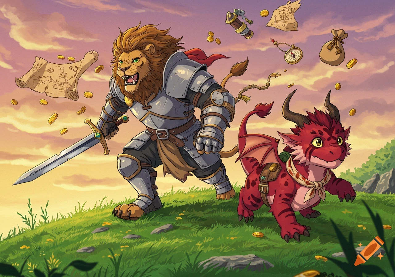 A cartoon lion knight in armor with a sword and a red baby dragon run up a grassy hill under a sunset sky, surrounded by floating adventurer items.