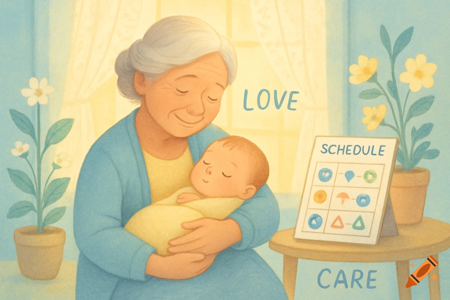 A warm illustration shows an elderly woman gently holding a sleeping baby, with a schedule and potted plants nearby.