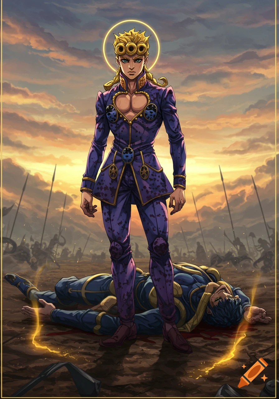 Anime character Giorno Giovanna with a golden halo stands over a defeated foe on a sunset battlefield.