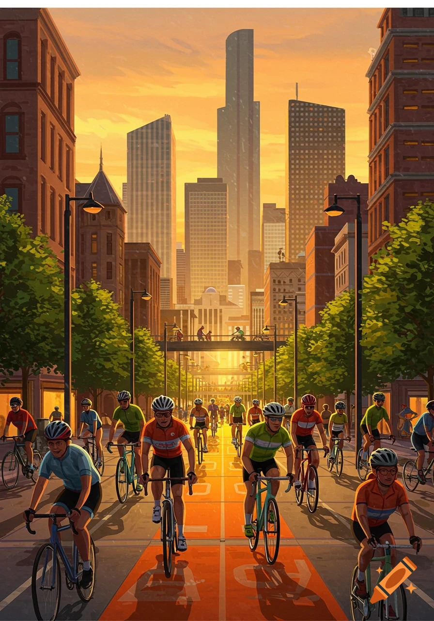 Illustrated scene of numerous cyclists riding bikes down a vibrant city street at sunset, with a city skyline in the background.