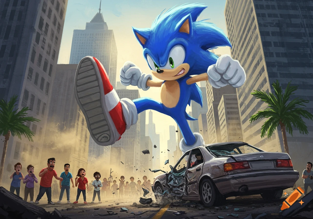 A giant Sonic the Hedgehog stomps on a car in a city street, as frightened people watch.