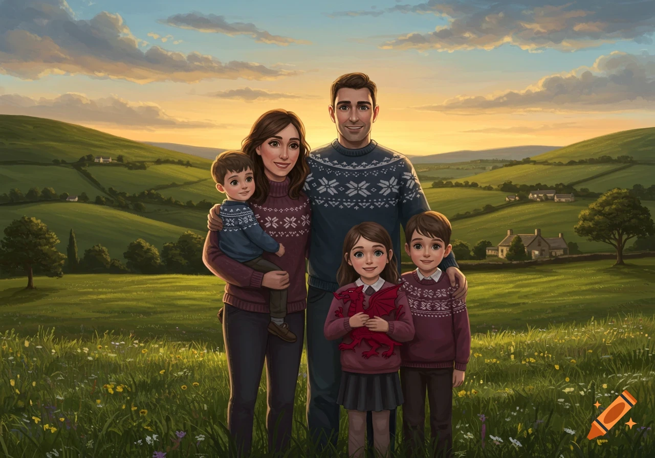 An illustrated family of five in sweaters stands in a grassy field with rolling green hills and a sunset sky. A girl holds a red dragon toy.
