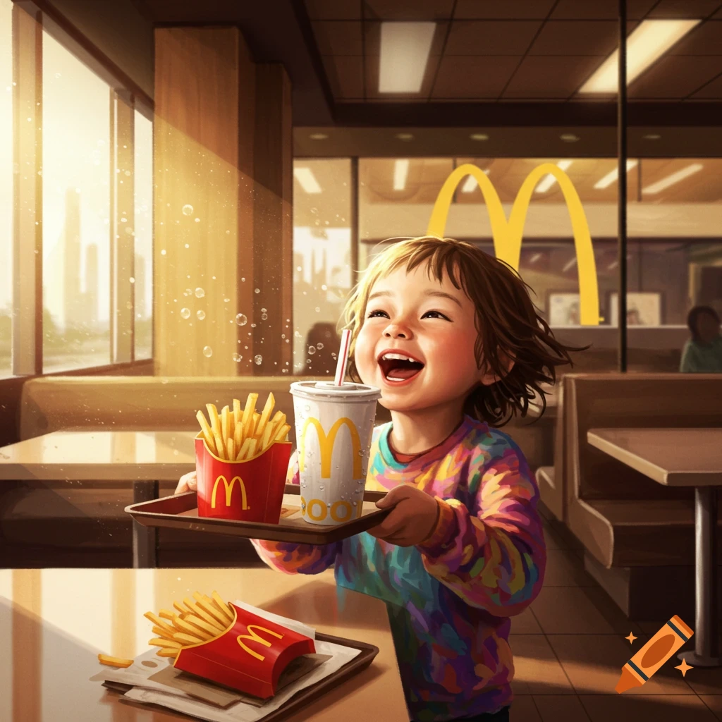 A happy child in a colorful shirt holds a tray with McDonald's fries and a drink inside a sunny restaurant, digital art.