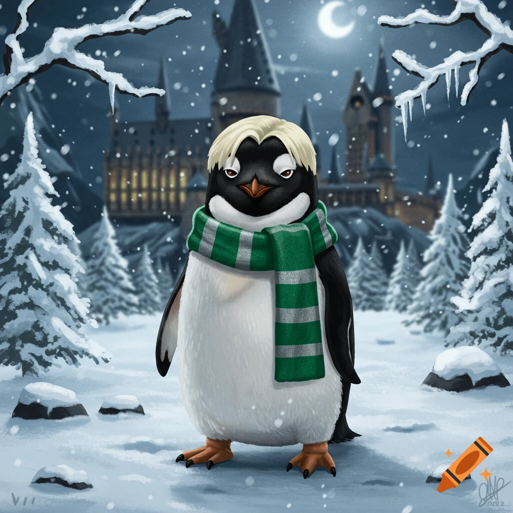 A cartoon penguin with blonde hair and a green and silver scarf stands in a snowy landscape with a castle and a crescent moon in the background.