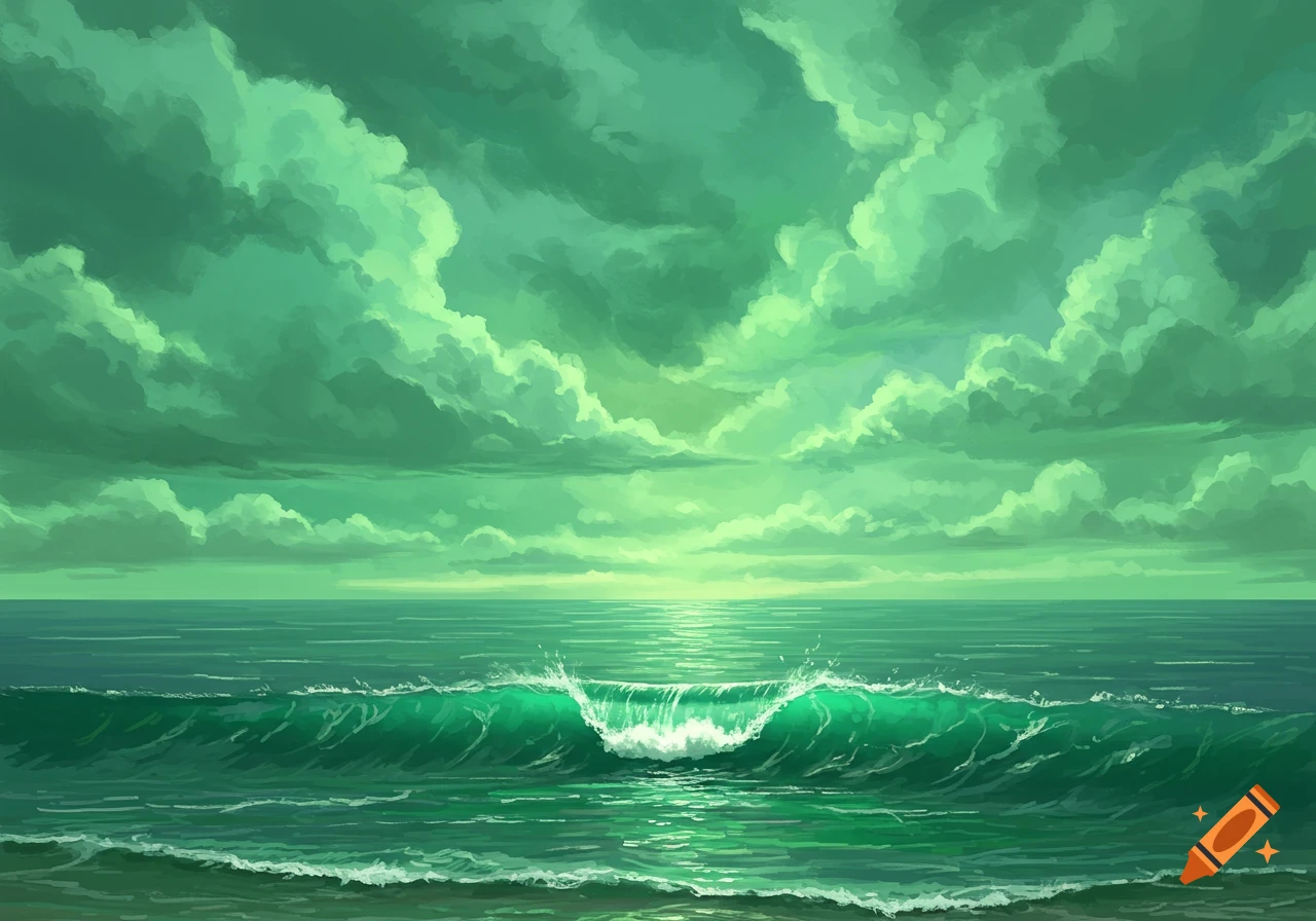 Stylized painting of a green ocean with breaking waves under a cloudy green sky, sun's reflection on the water.