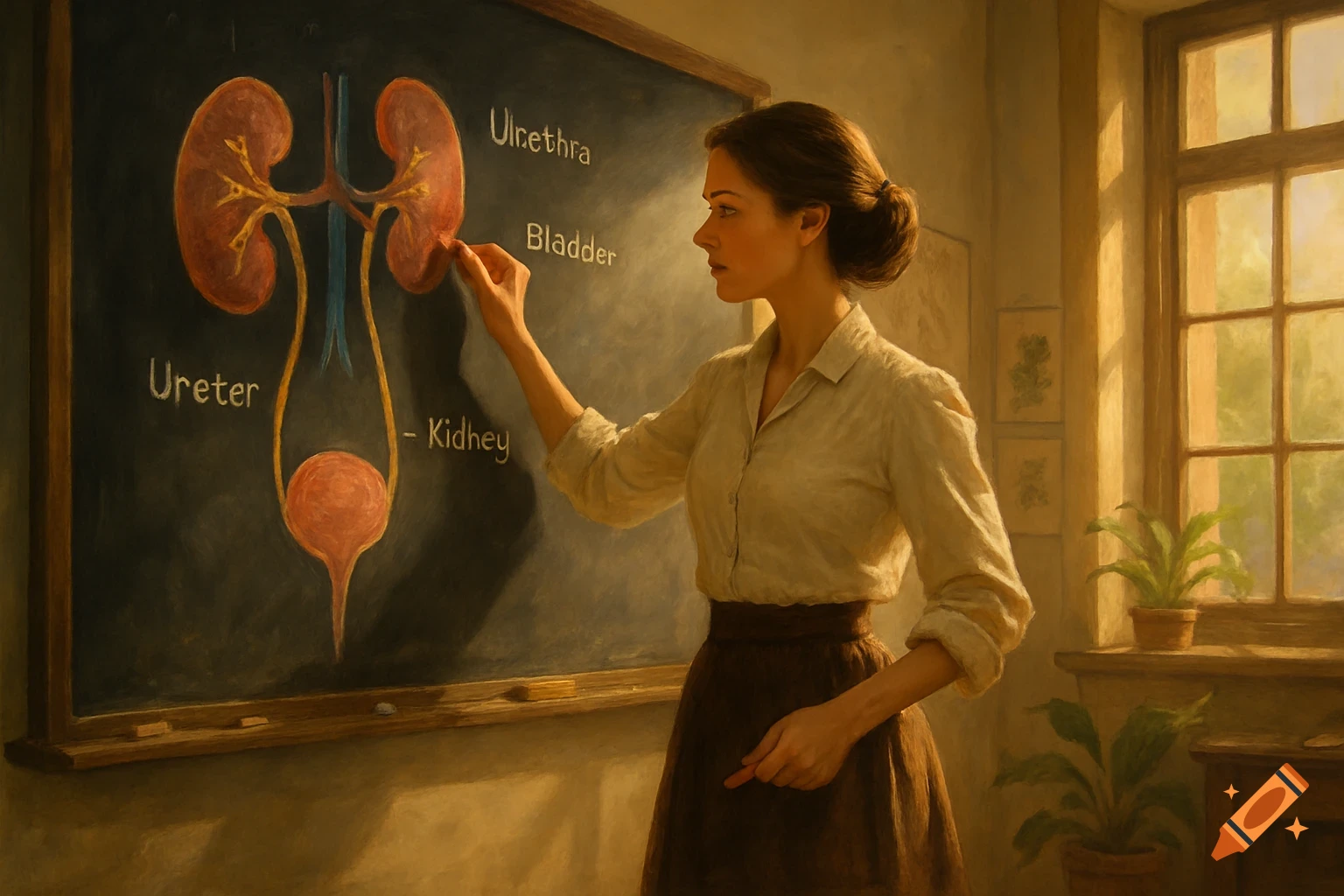 A teacher points to a diagram of the human urinary system on a blackboard in a classroom, painted in a realistic style.