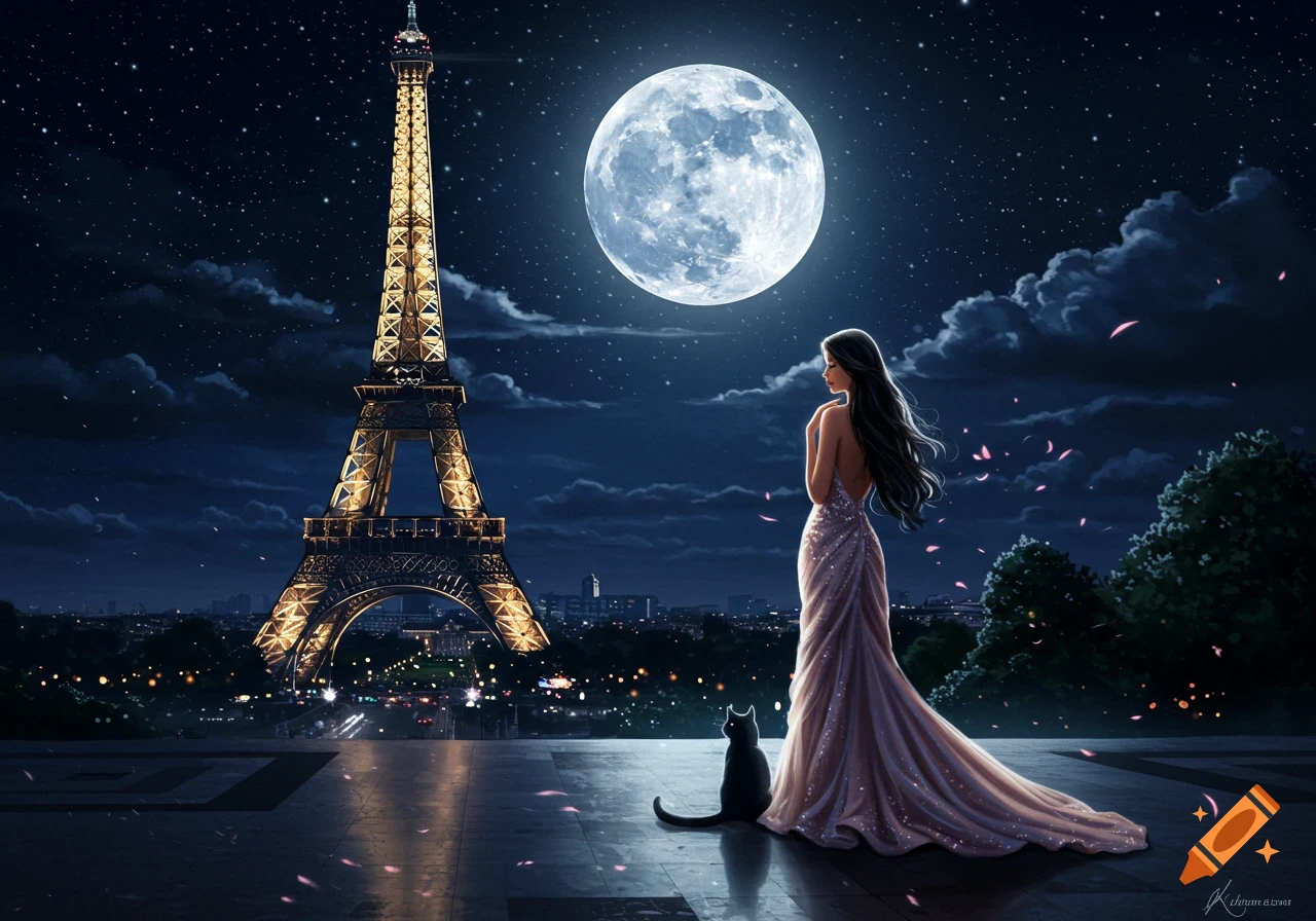 A digital painting of a woman in a gown and a black cat gazing at the illuminated Eiffel Tower under a full moon in Paris at night.