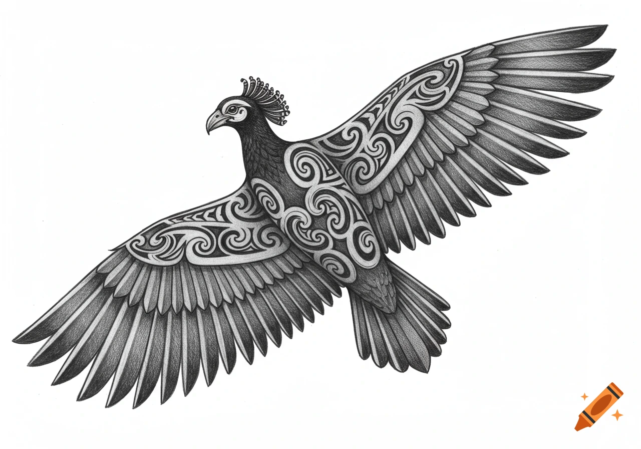 Black and white pencil drawing of a stylized bird with intricate Maori traditional markings and widespread wings.