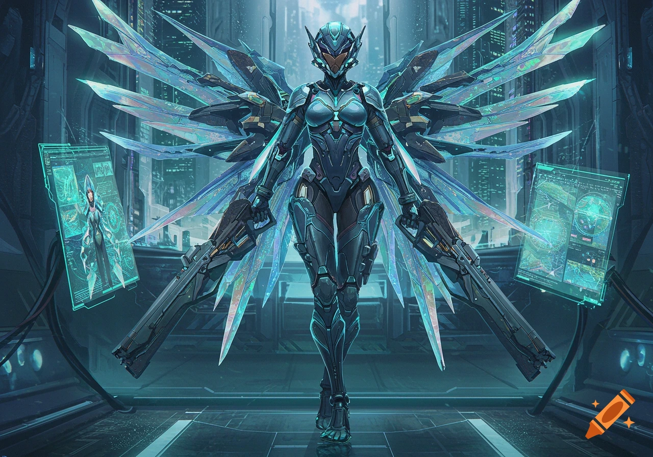A futuristic armored female mecha with large crystalline wings and two guns stands between glowing holographic screens.