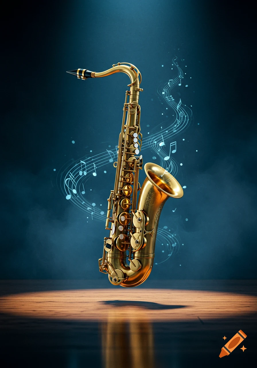 A golden saxophone floats above a polished wooden floor, with glowing musical notes swirling around it against a dark blue background.