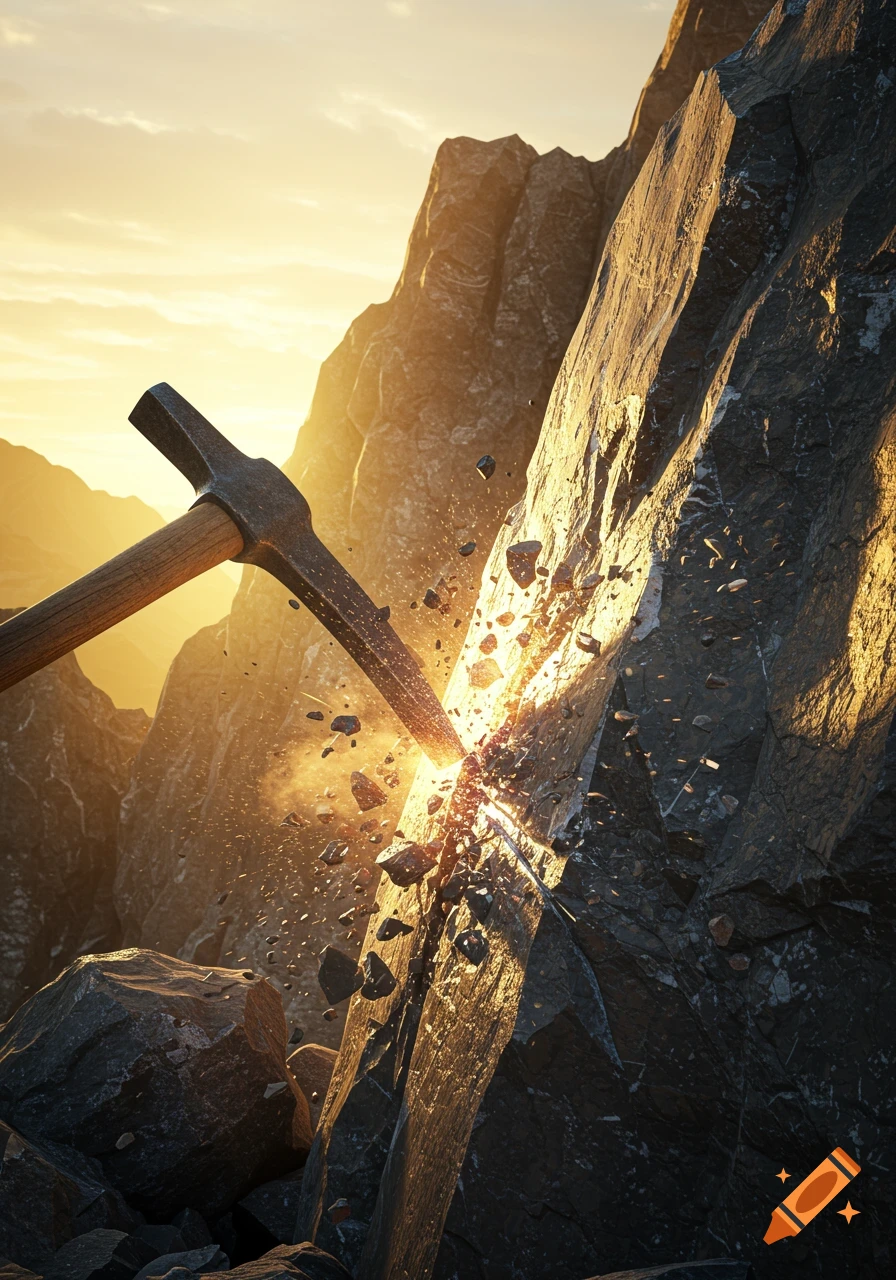 A pickaxe strikes a large rock in a mountainous landscape at sunset, sending sparks and debris flying. Photorealistic.