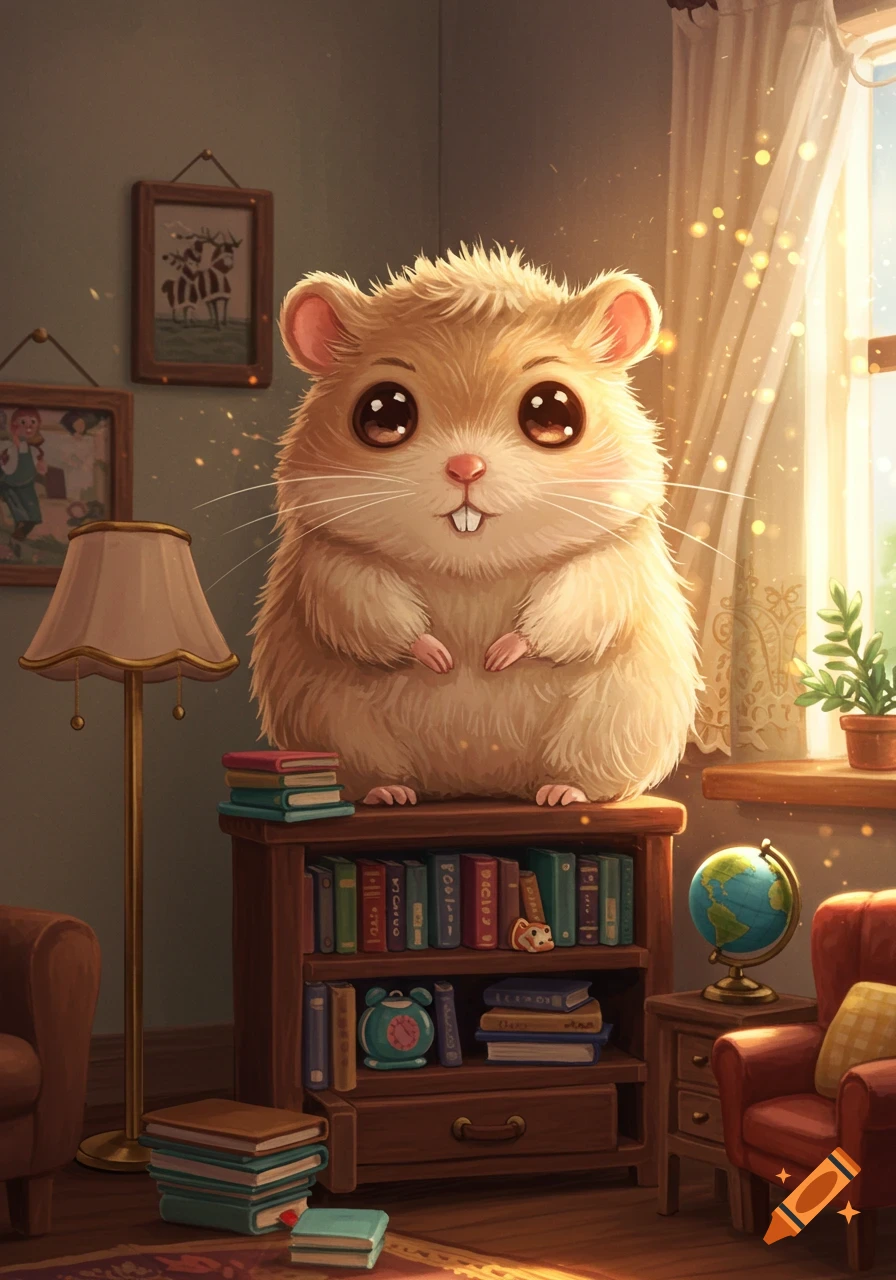 A fluffy cartoon hamster with big eyes stands on a wooden bookshelf in a cozy, sunlit room filled with books and home decor.